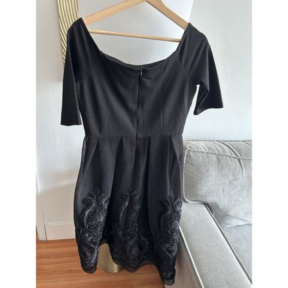 Gianni Bini Little Black Dress Off Shoulder M Knit/Embroidered Mesh Skirt